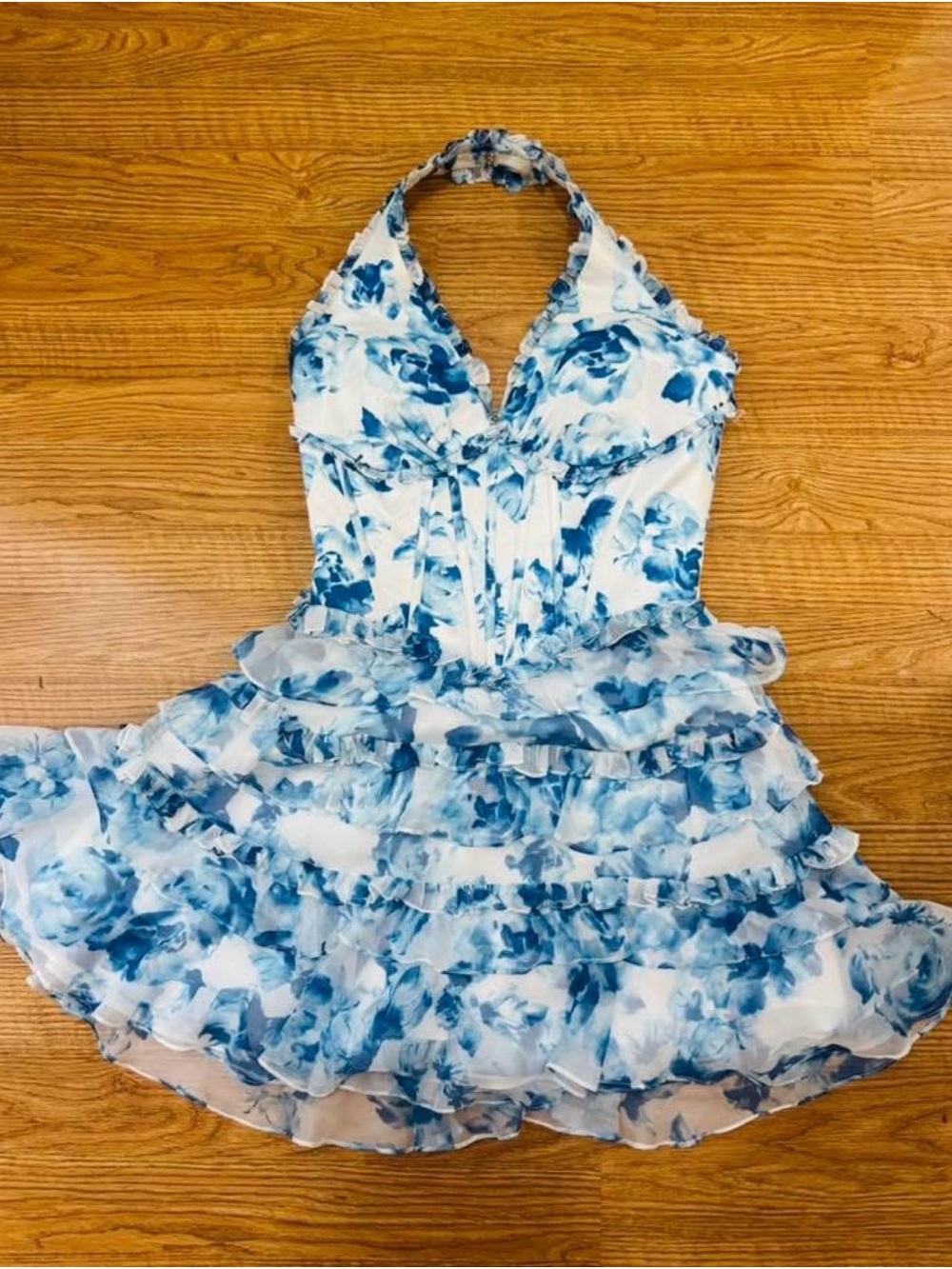 Blue Floral Halter mini dress, homecoming, prom, cocktail.